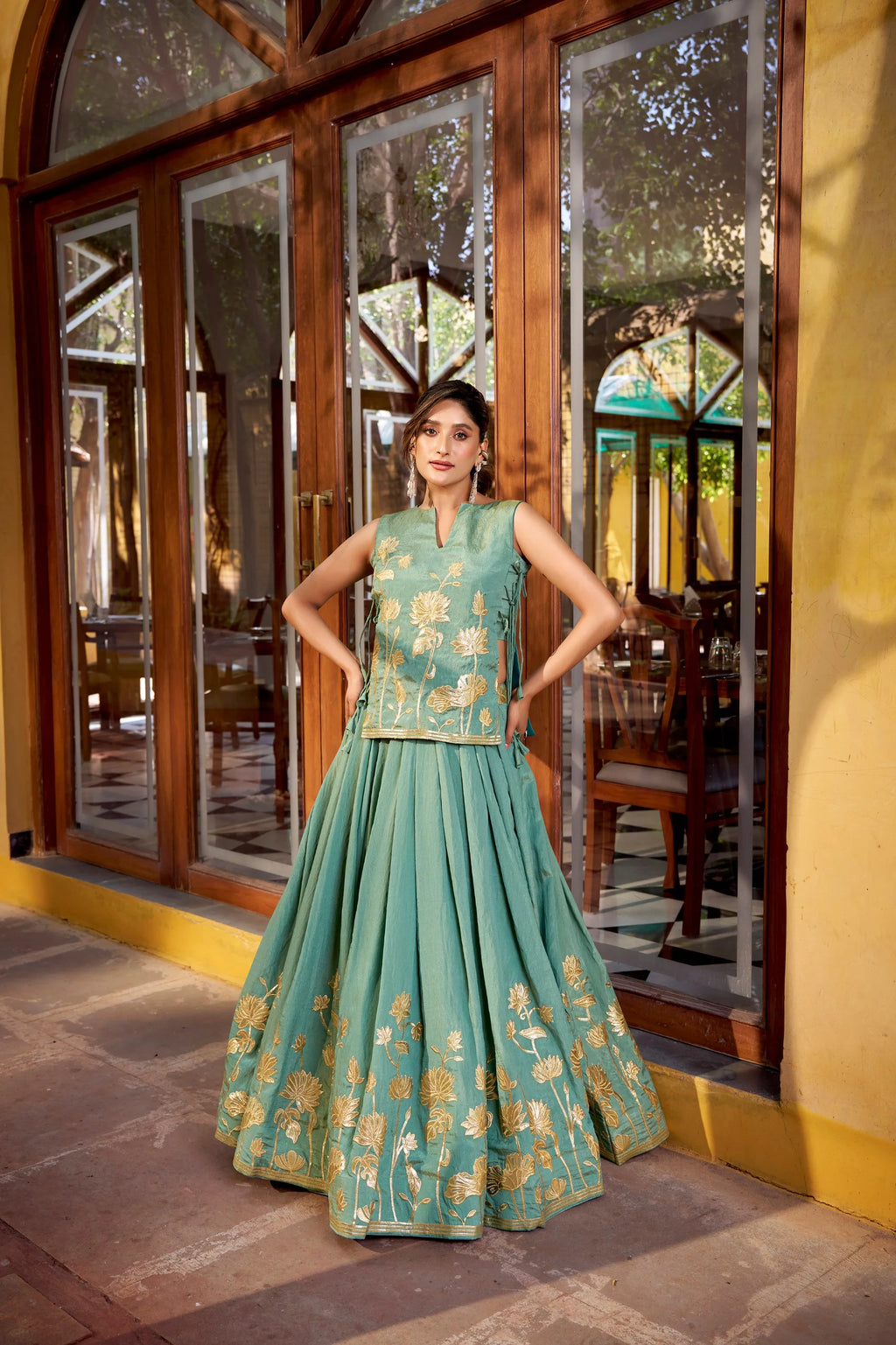 Pure Shimmer Embroidered Lehenga Set with Overlay Top & Stitched Blouse