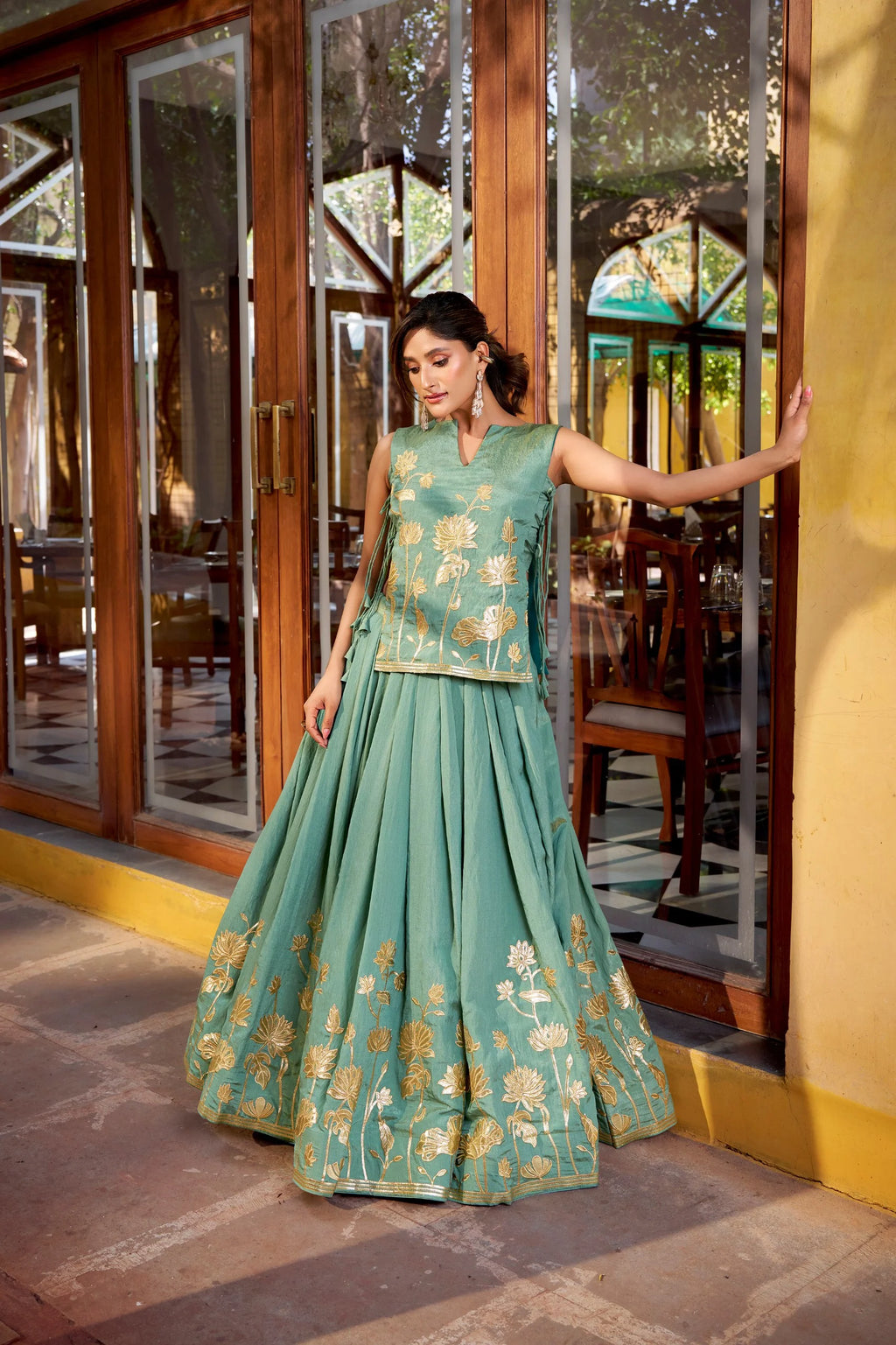 Pure Shimmer Embroidered Lehenga Set with Overlay Top & Stitched Blouse