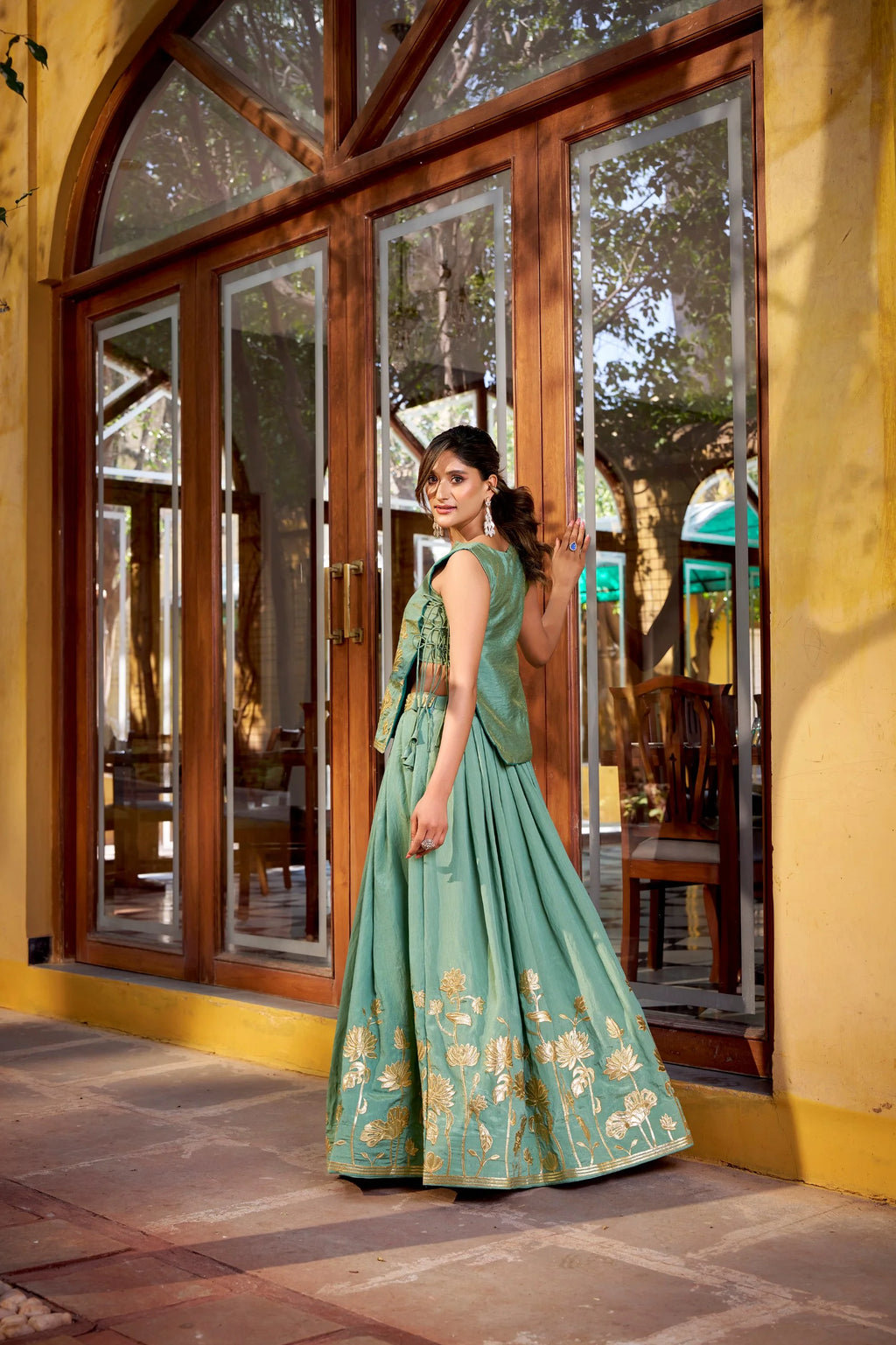 Pure Shimmer Embroidered Lehenga Set with Overlay Top & Stitched Blouse