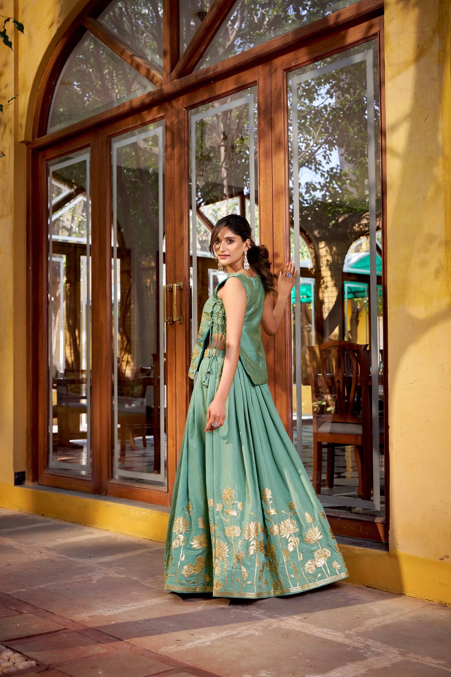 Pure Shimmer Embroidered Lehenga Set with Overlay Top & Stitched Blouse
