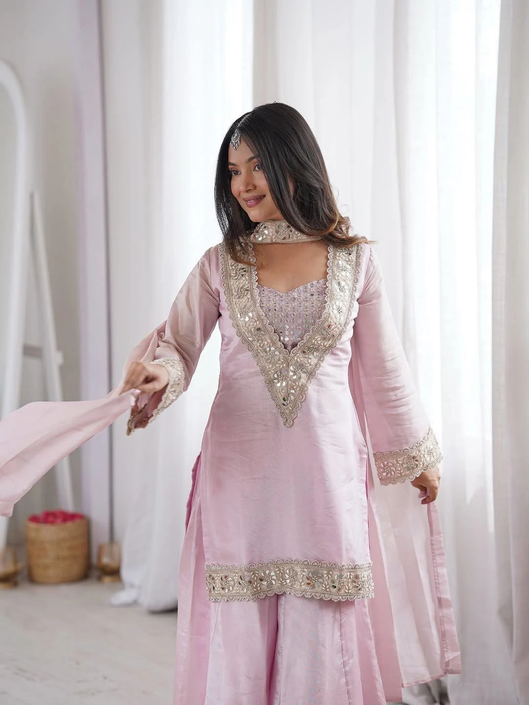 Festive Special Pink Kurta Palazzo with Mirror Work Dupatta