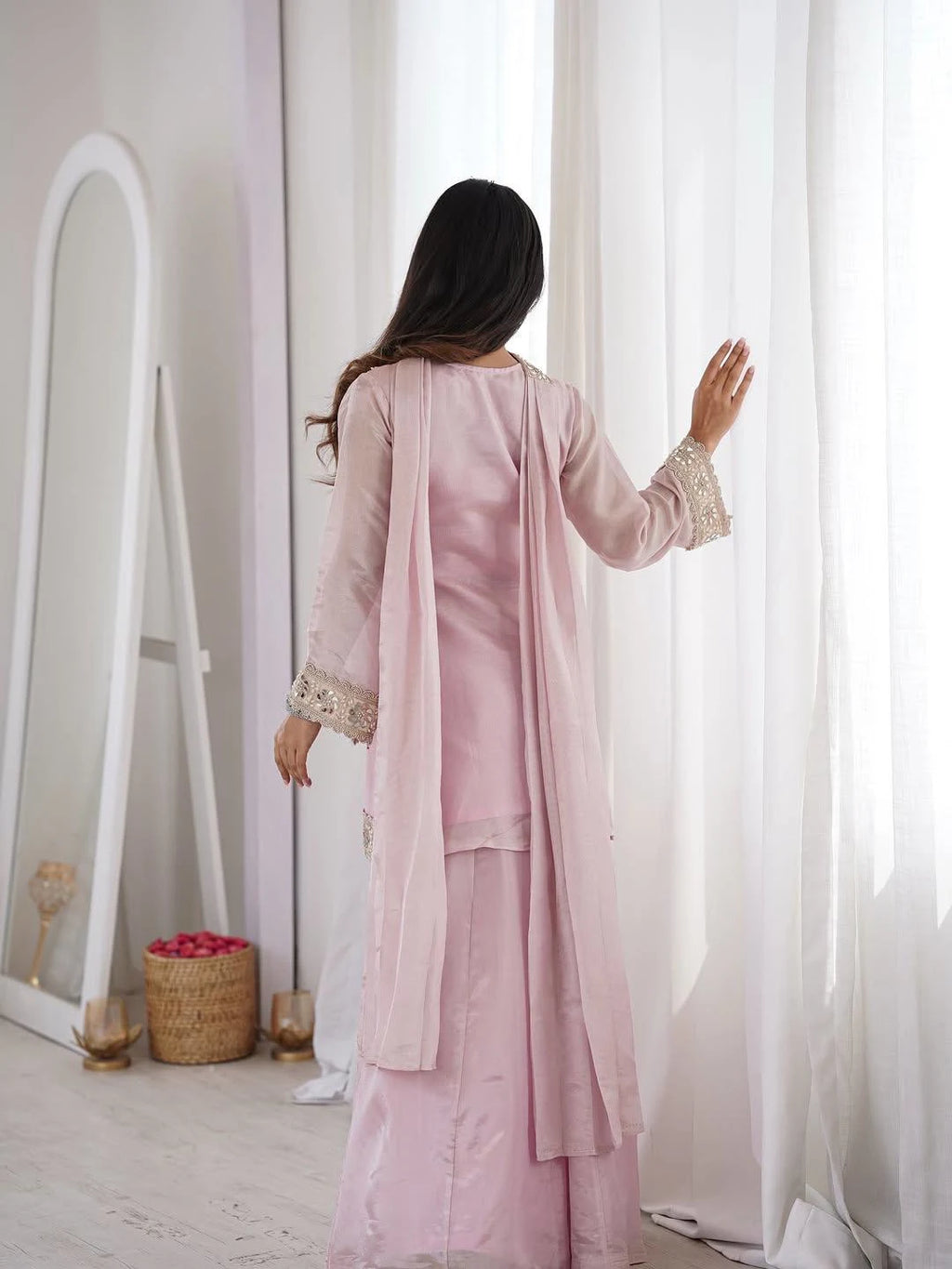Festive Special Pink Kurta Palazzo with Mirror Work Dupatta