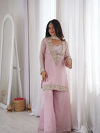Festive Special Pink Kurta Palazzo with Mirror Work Dupatta