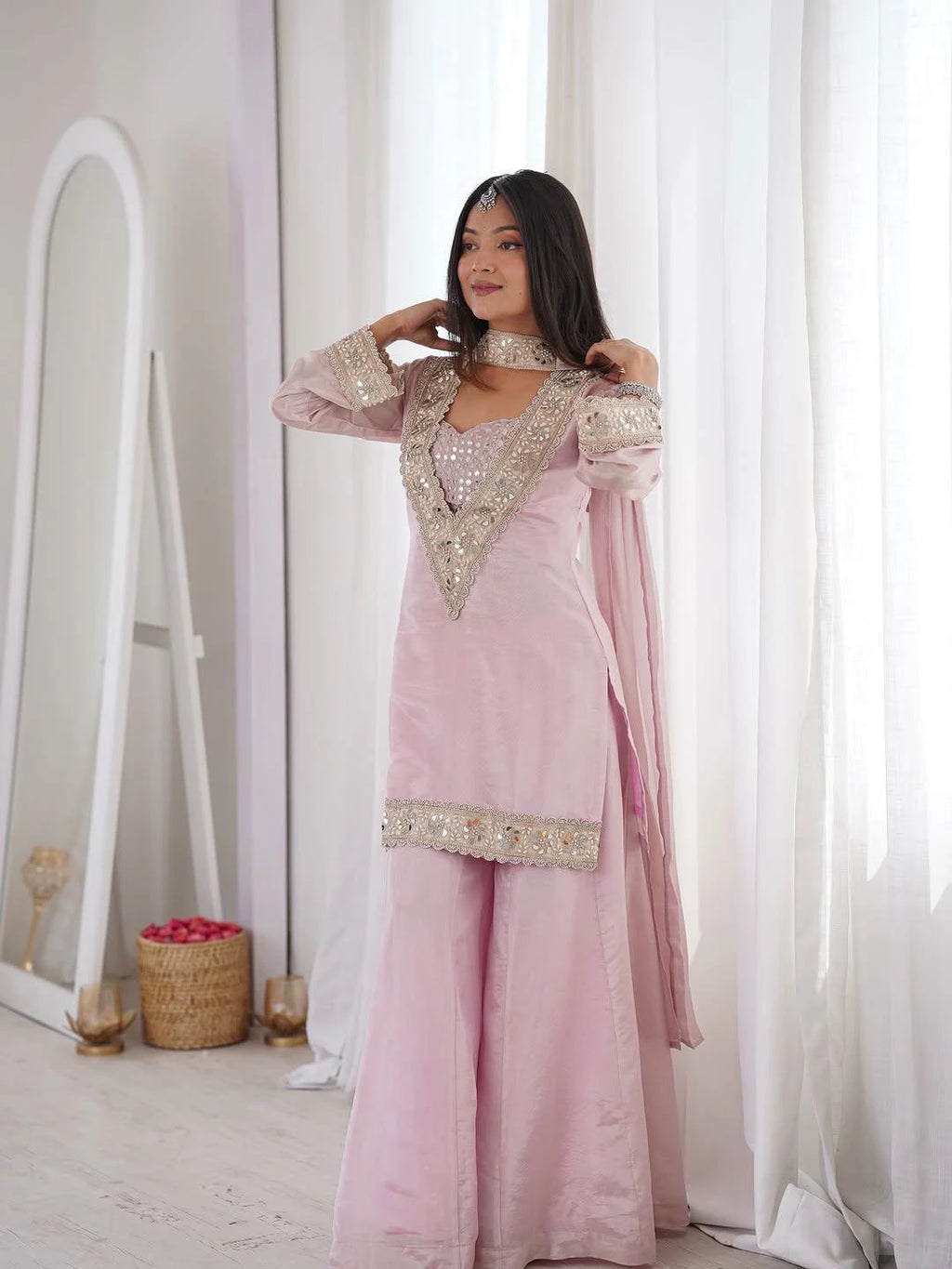 Festive Special Pink Kurta Palazzo with Mirror Work Dupatta