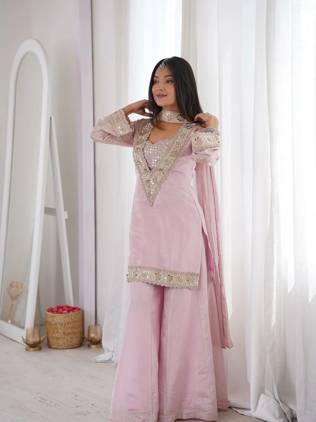 Festive Special Pink Kurta Palazzo with Mirror Work Dupatta
