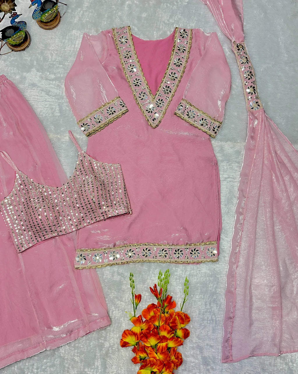 Festive Special Pink Kurta Palazzo with Mirror Work Dupatta