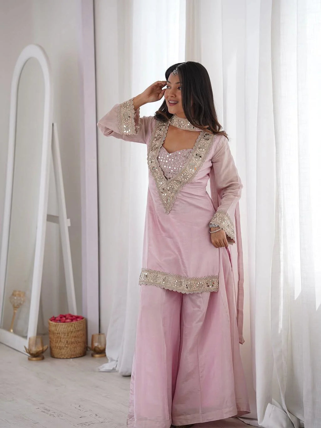 Festive Special Pink Kurta Palazzo with Mirror Work Dupatta