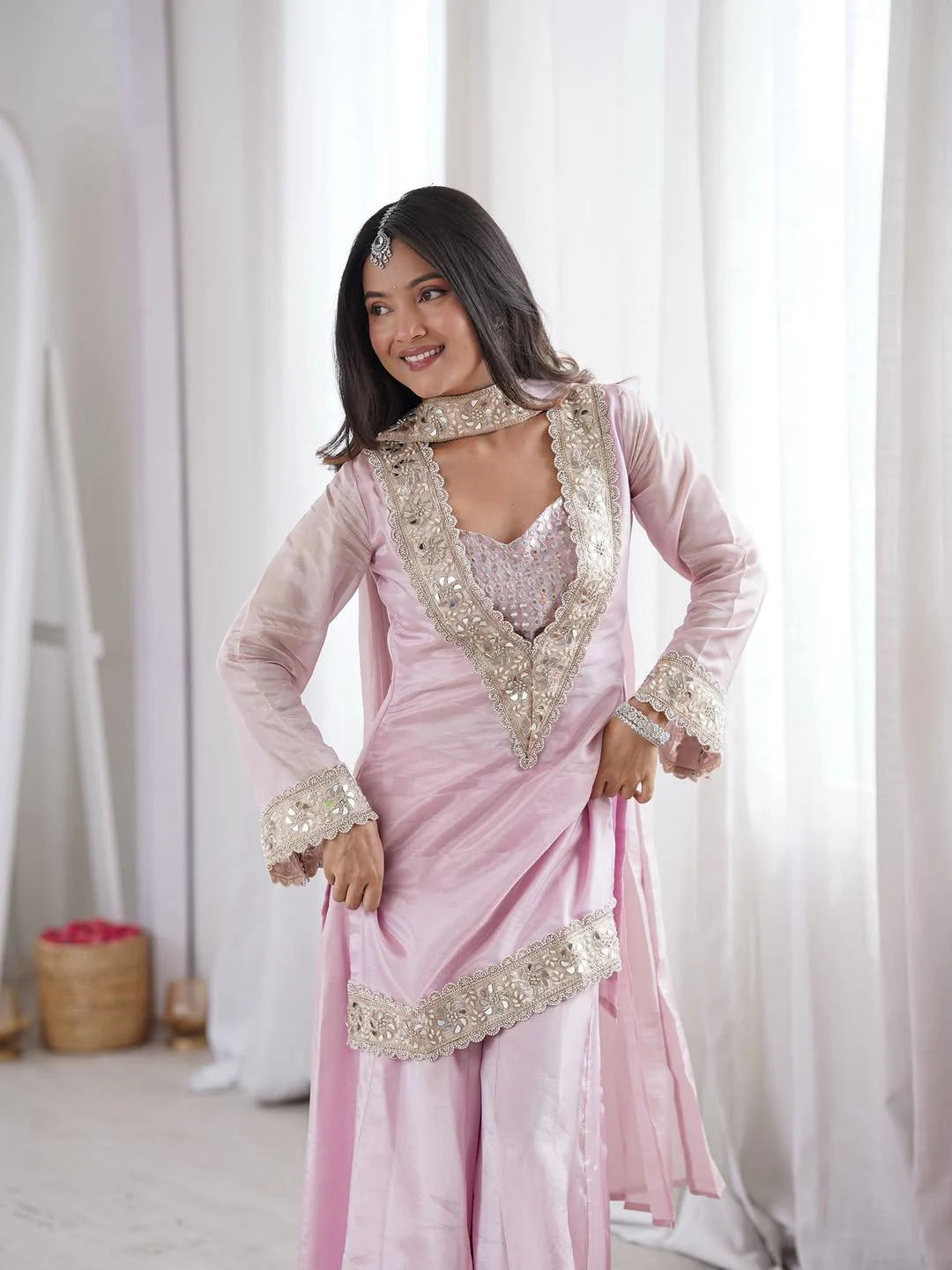 Festive Special Pink Kurta Palazzo with Mirror Work Dupatta
