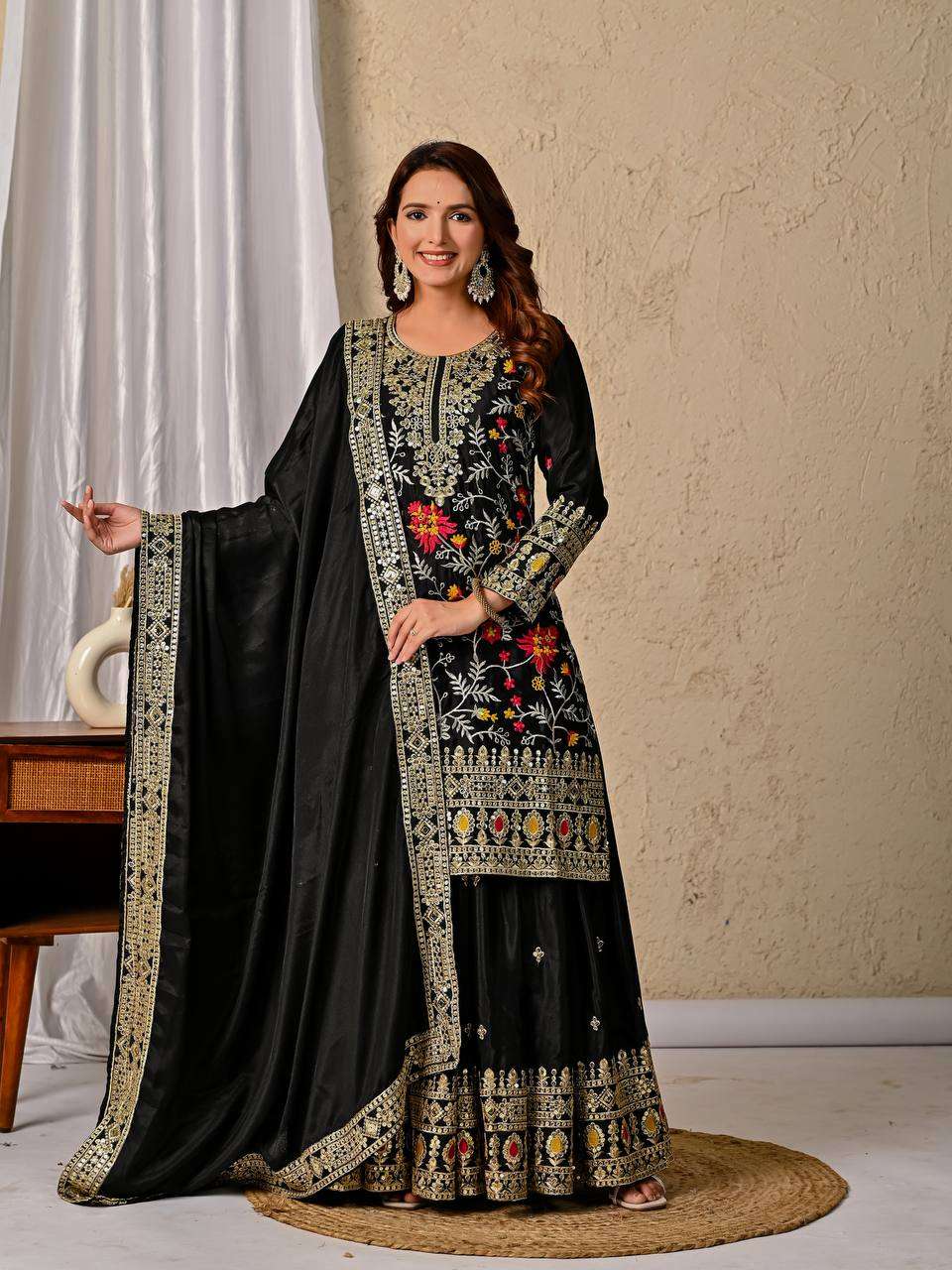 Luxury Chinon Silk Sharara Palazzo Outfit – Dupatta with Lace Work