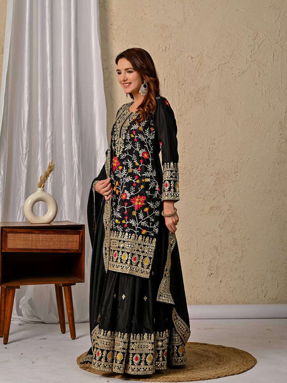 Luxury Chinon Silk Sharara Palazzo Outfit – Dupatta with Lace Work