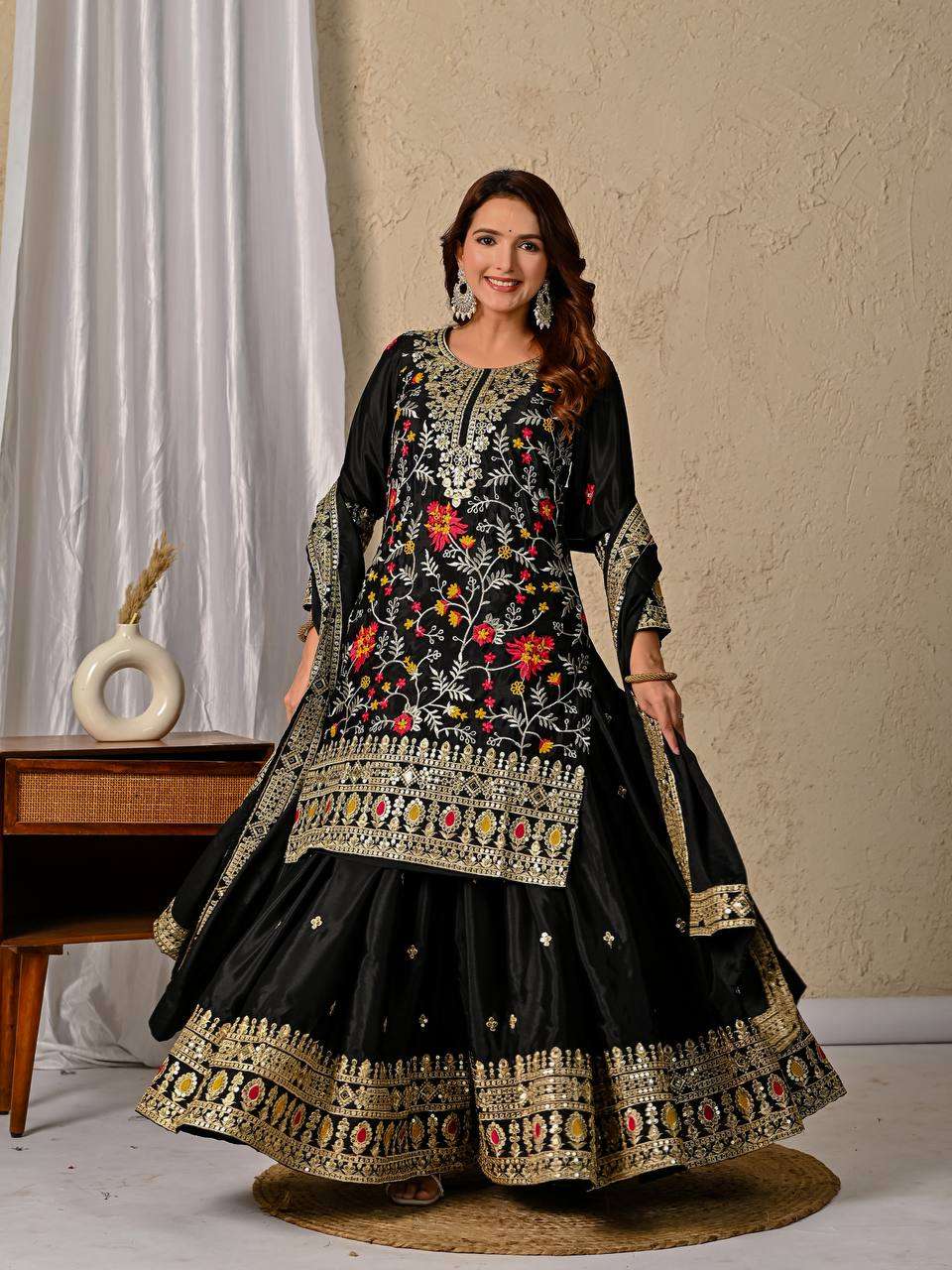 Luxury Chinon Silk Sharara Palazzo Outfit – Dupatta with Lace Work