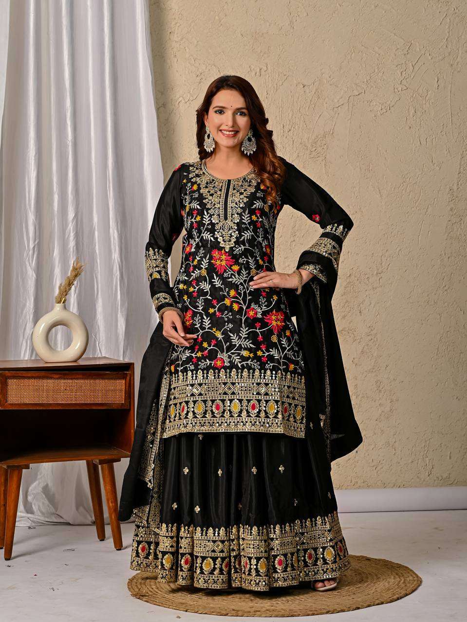 Luxury Chinon Silk Sharara Palazzo Outfit – Dupatta with Lace Work