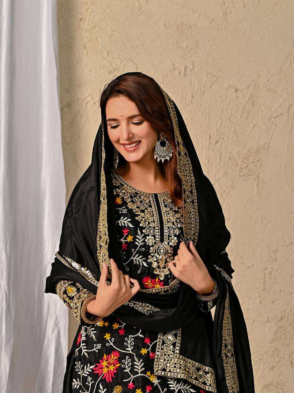 Luxury Chinon Silk Sharara Palazzo Outfit – Dupatta with Lace Work