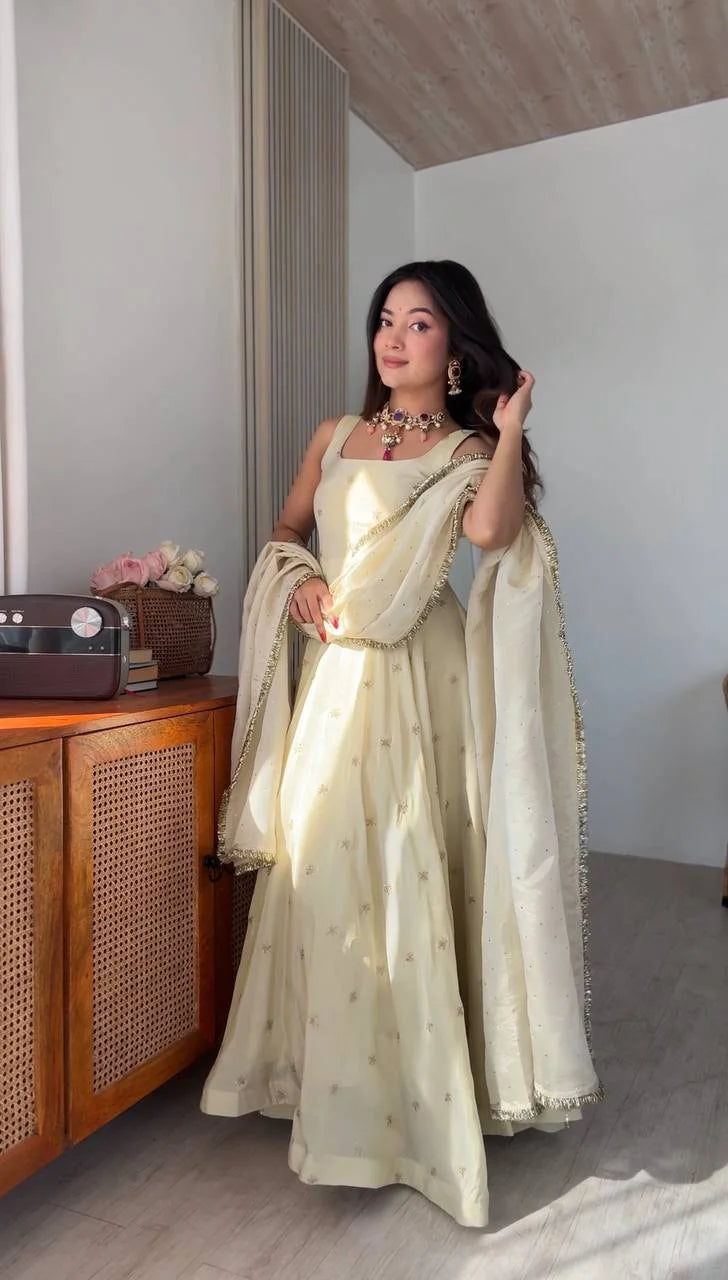 Premium Cosmos Gold Embroidery Gown Set with Elastic Pant & Fancy Dupatta