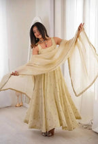 Premium Cosmos Gold Embroidery Gown Set with Elastic Pant & Fancy Dupatta