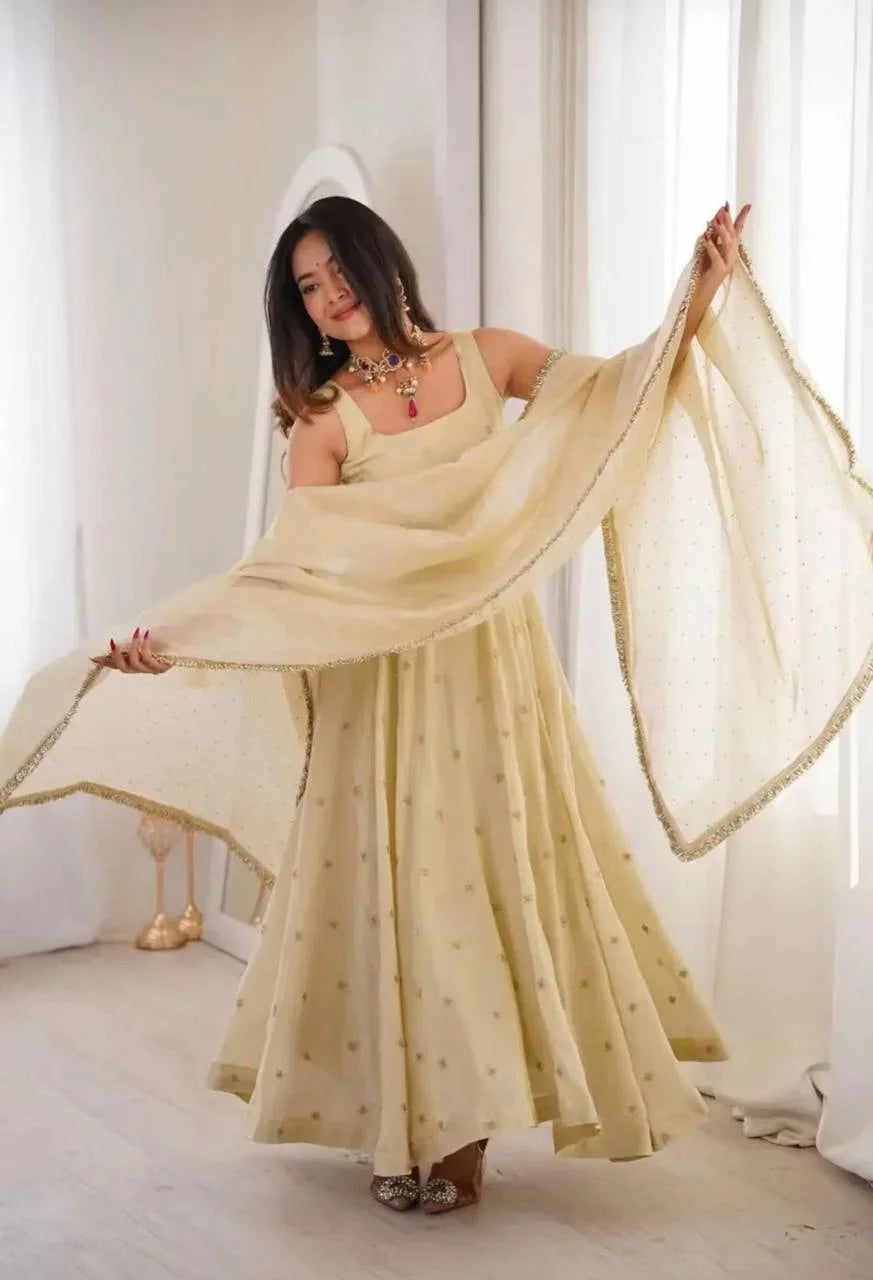 Premium Cosmos Gold Embroidery Gown Set with Elastic Pant & Fancy Dupatta