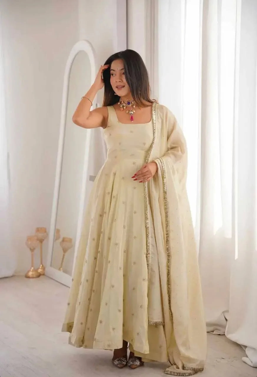 Premium Cosmos Gold Embroidery Gown Set with Elastic Pant & Fancy Dupatta