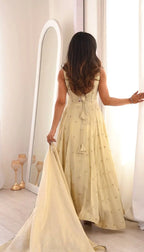 Premium Cosmos Gold Embroidery Gown Set with Elastic Pant & Fancy Dupatta