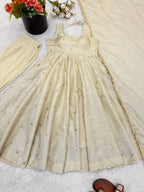 Premium Cosmos Gold Embroidery Gown Set with Elastic Pant & Fancy Dupatta