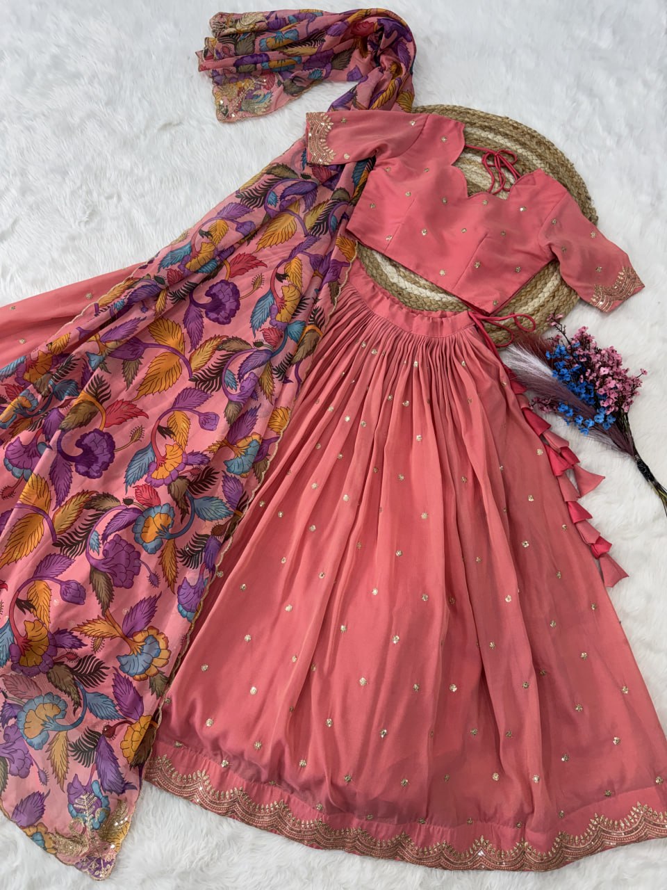 Designer Pink Lehenga with Floral Dupatta for Festive Perfection