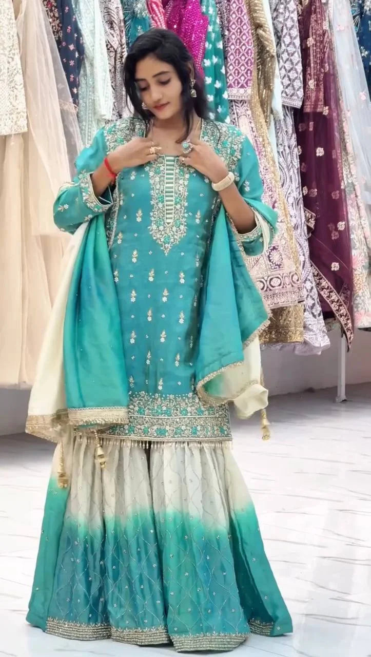 Royal Eid Look GMY Silk Embroidered Top with Printed Sharara & Dupatta
