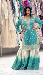 Royal Eid Look GMY Silk Embroidered Top with Printed Sharara & Dupatta
