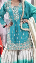 Royal Eid Look GMY Silk Embroidered Top with Printed Sharara & Dupatta