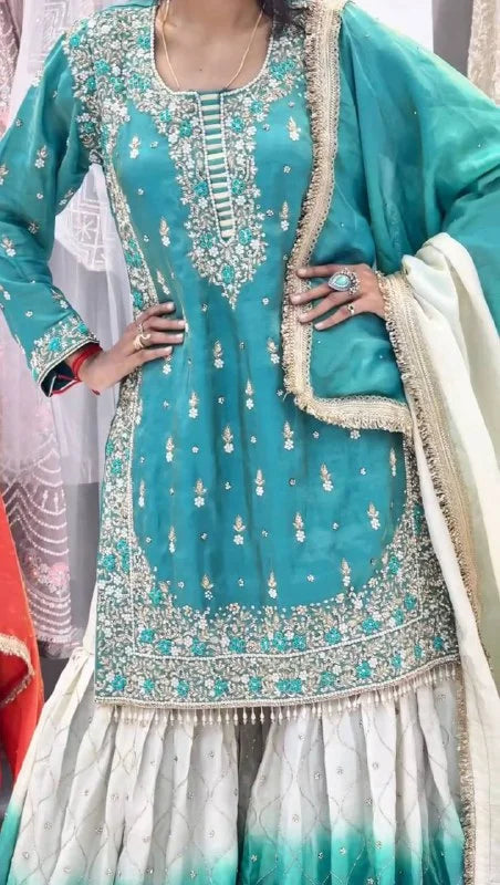 Royal Eid Look GMY Silk Embroidered Top with Printed Sharara & Dupatta