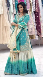 Royal Eid Look GMY Silk Embroidered Top with Printed Sharara & Dupatta
