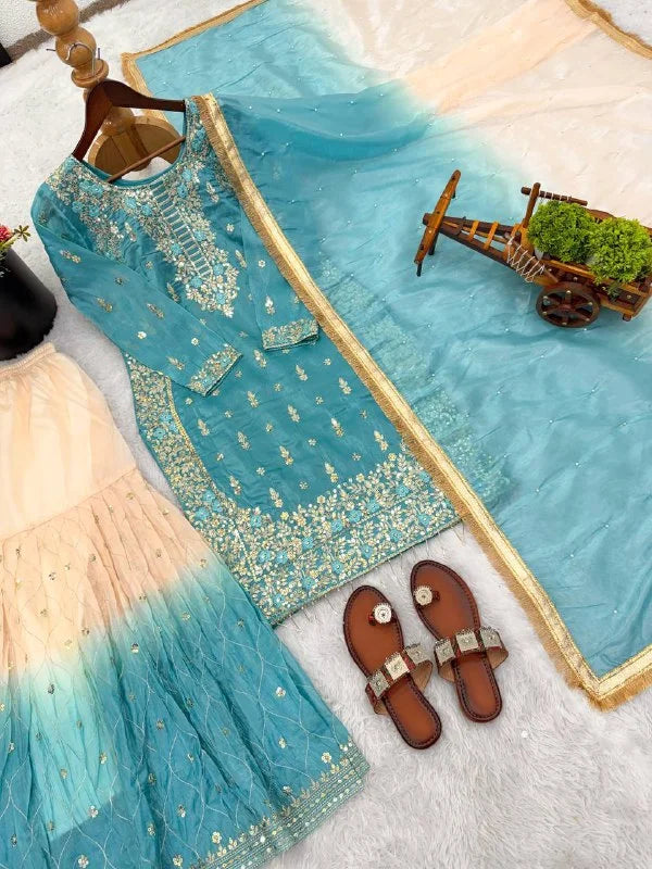 Royal Eid Look GMY Silk Embroidered Top with Printed Sharara & Dupatta