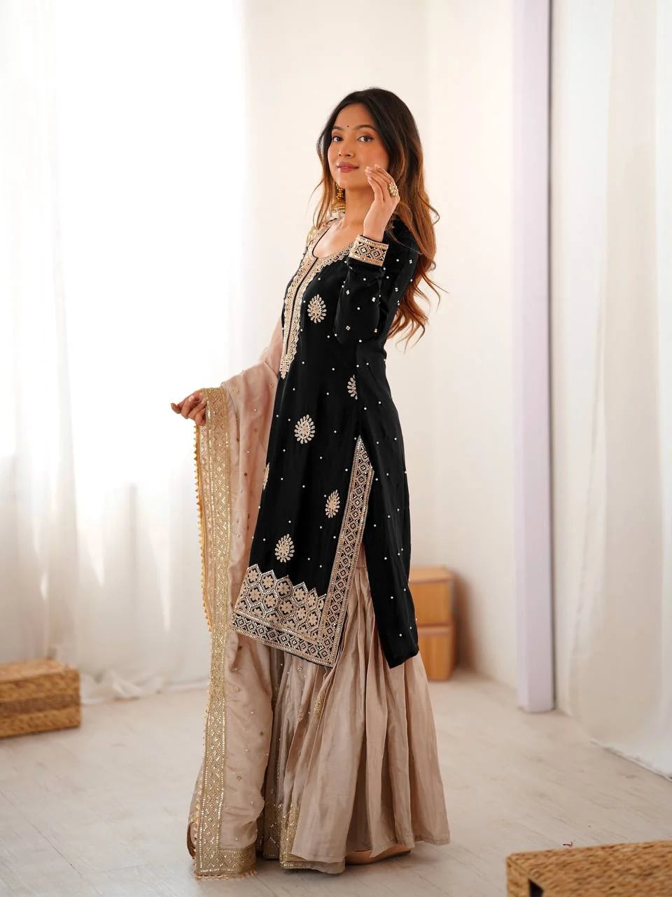 Chinon Silk Top Sharara Set with Coding Sequence & Pearl Work Dupatta