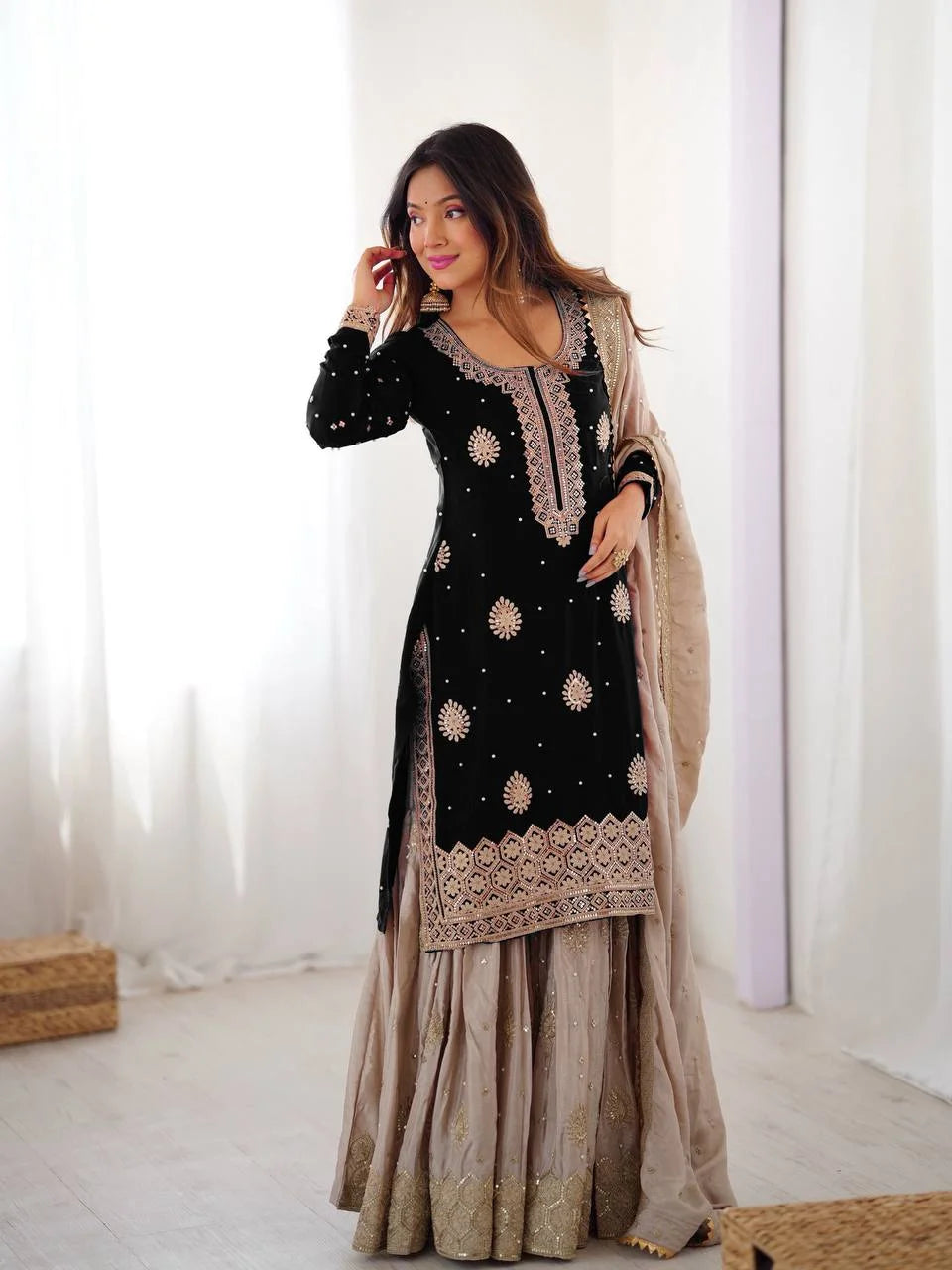 Chinon Silk Top Sharara Set with Coding Sequence & Pearl Work Dupatta