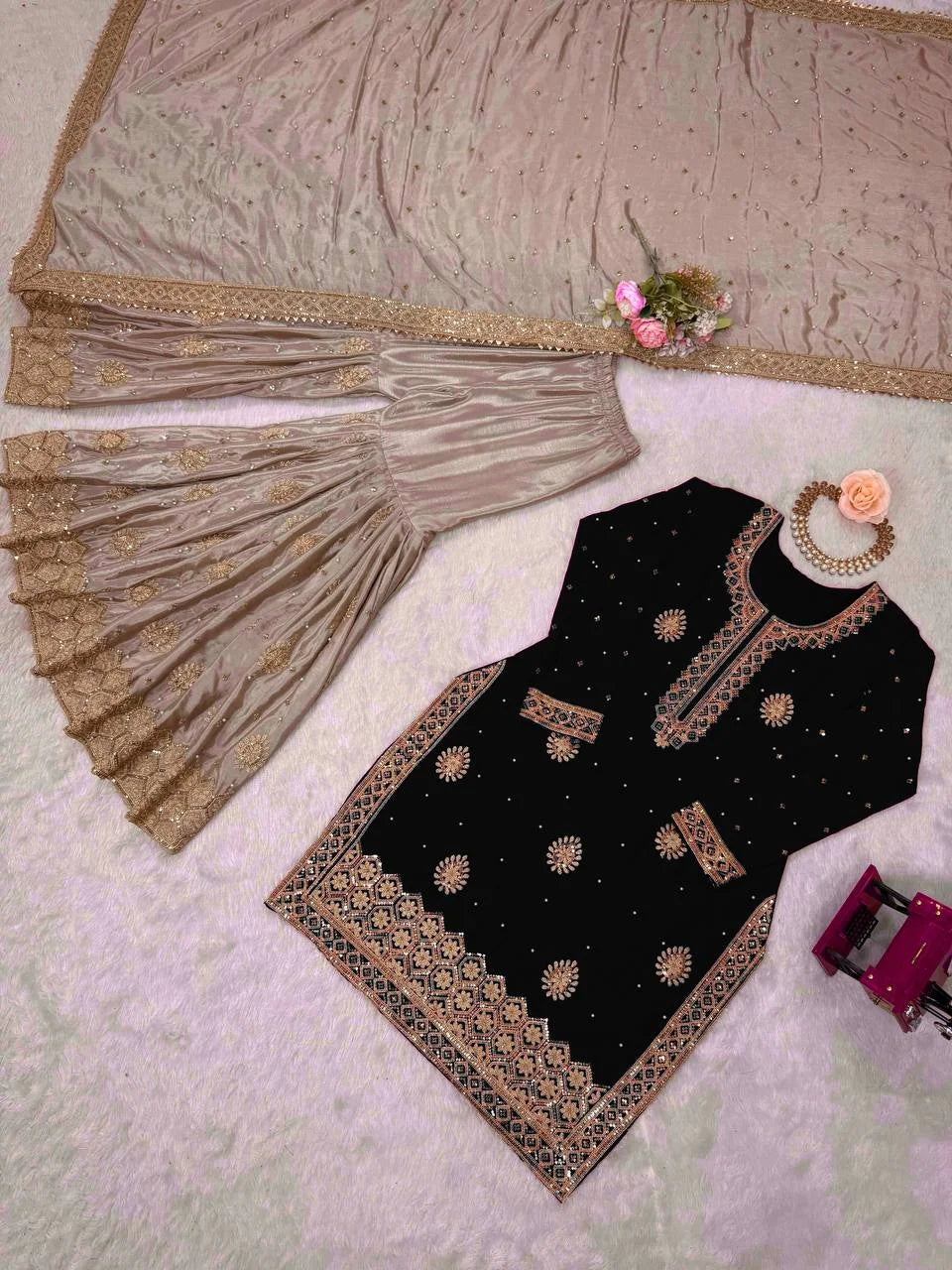 Chinon Silk Top Sharara Set with Coding Sequence & Pearl Work Dupatta