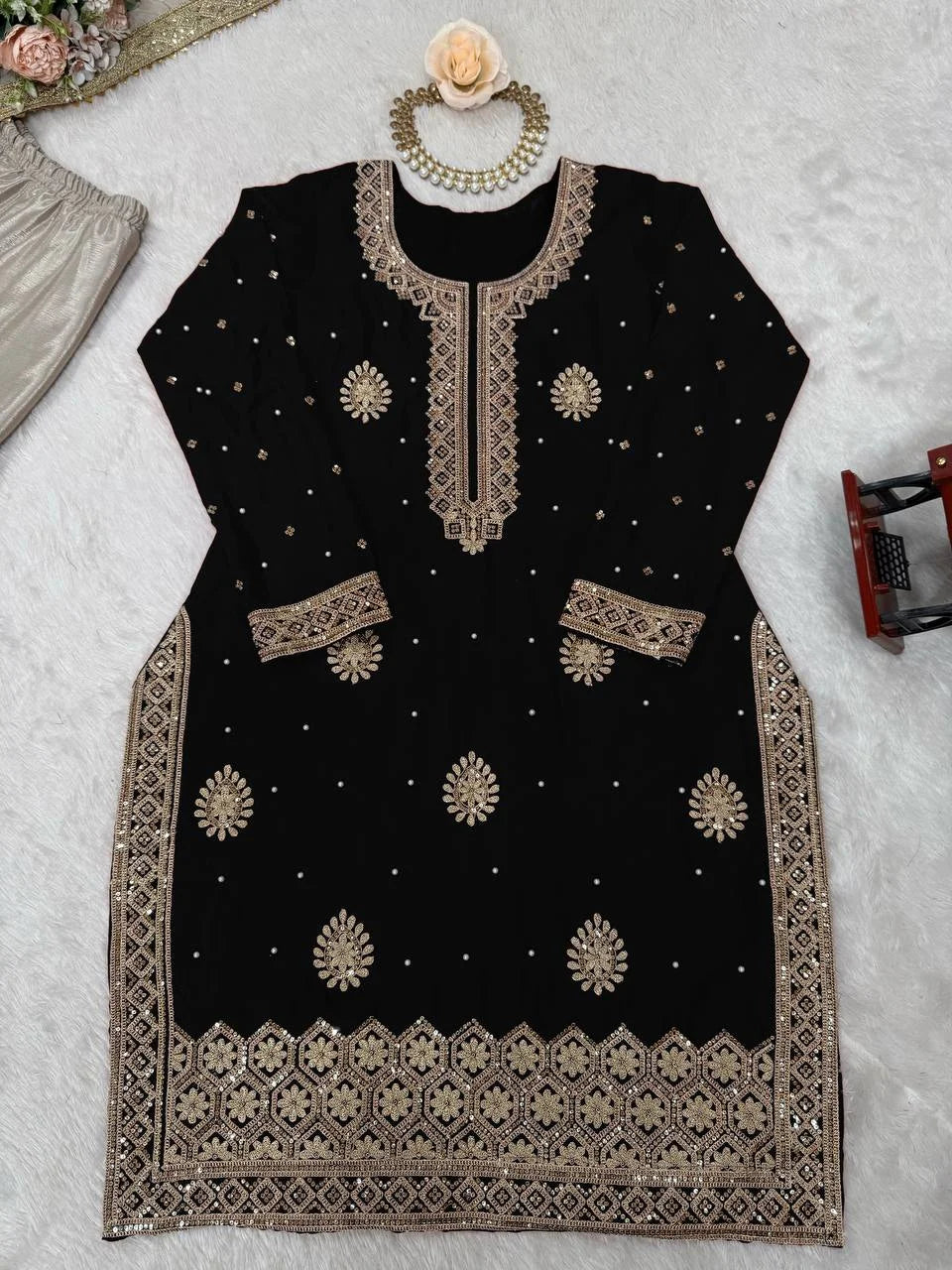 Chinon Silk Top Sharara Set with Coding Sequence & Pearl Work Dupatta