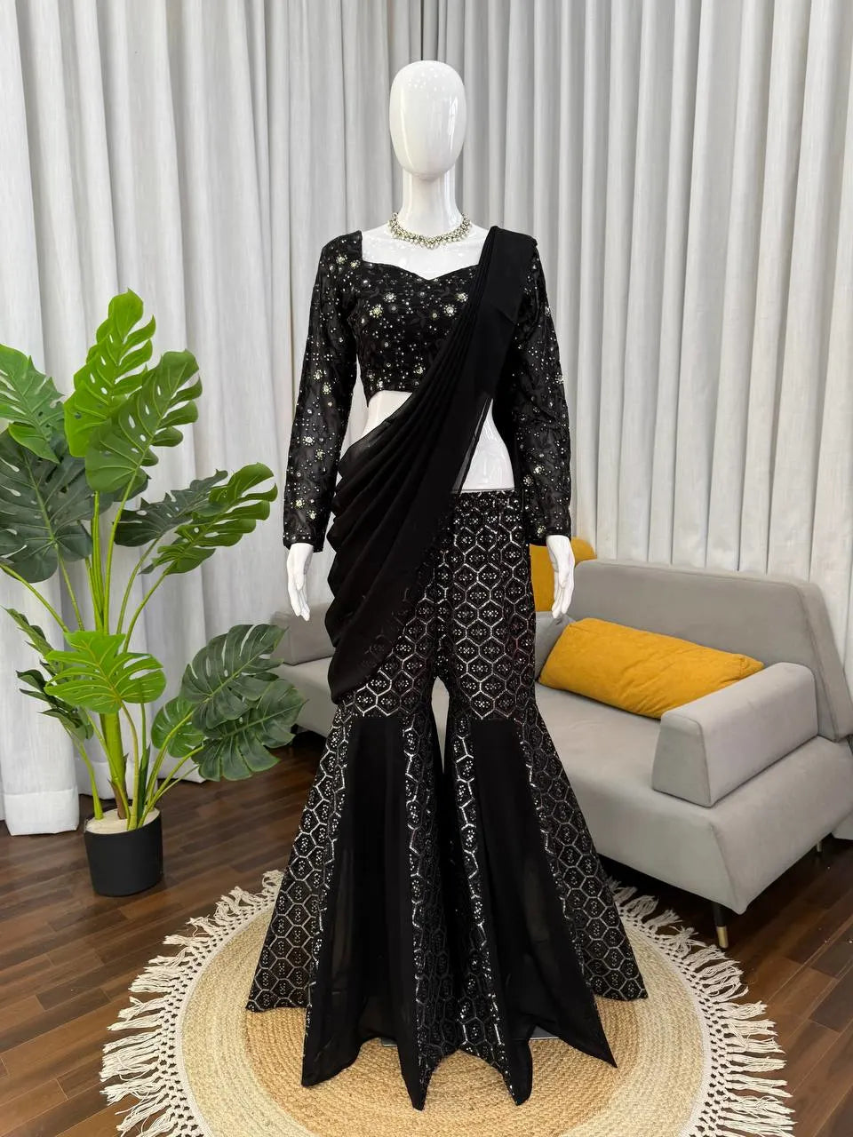 Black Georgette Sharara Set with Thread & Sequence Work â€“ Eid Special
