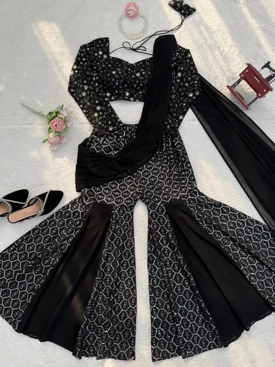 Black Georgette Sharara Set with Thread & Sequence Work â€“ Eid Special