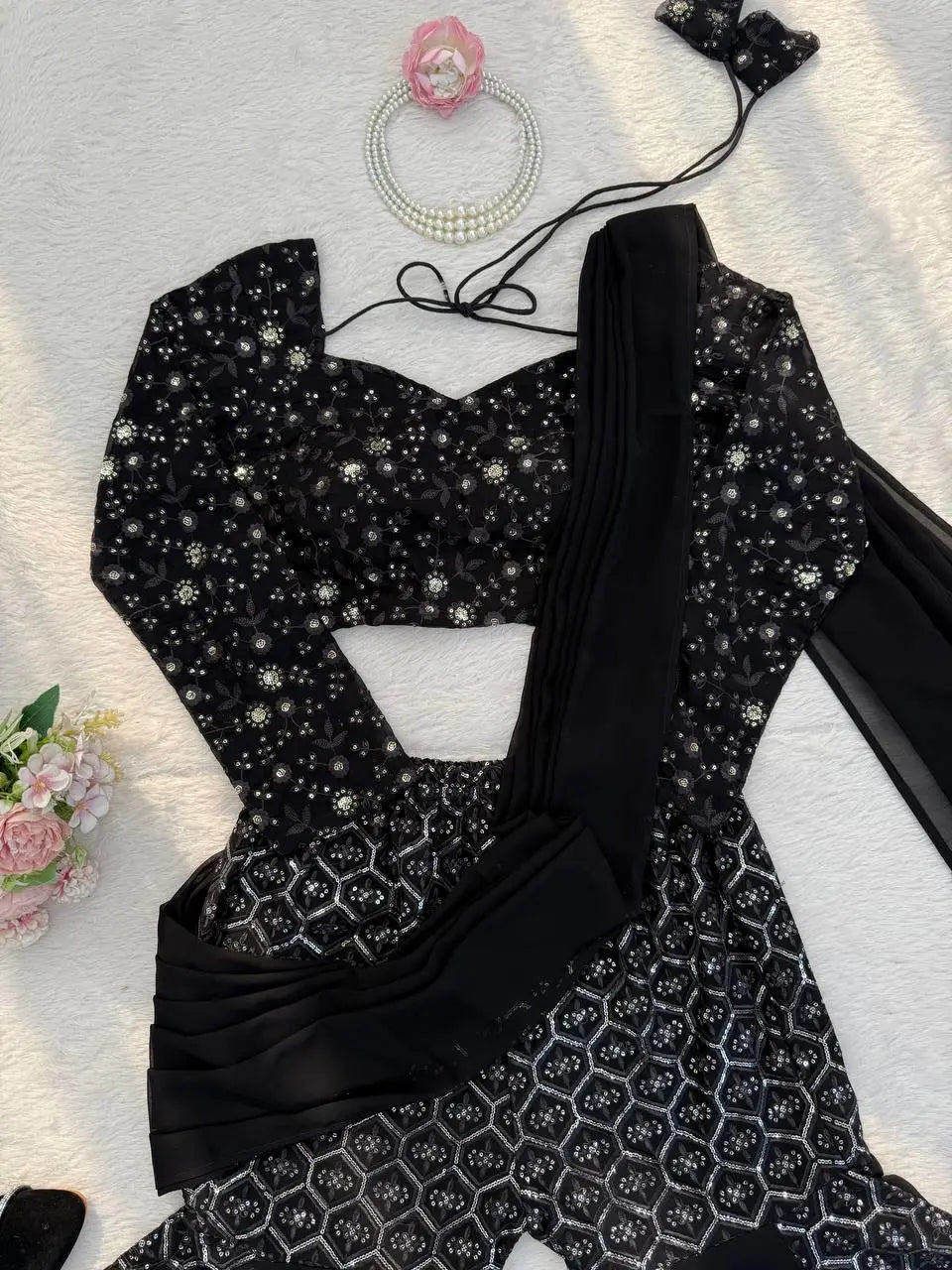Black Georgette Sharara Set with Thread & Sequence Work â€“ Eid Special