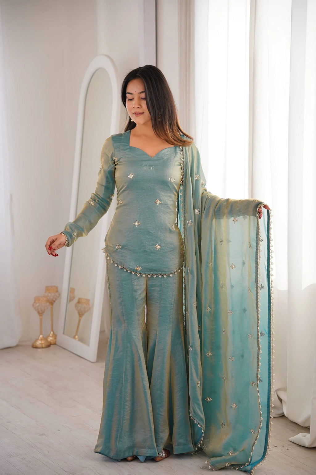 Eid Celebration Outfit Fendy Silk Top Sharara with Dupatta