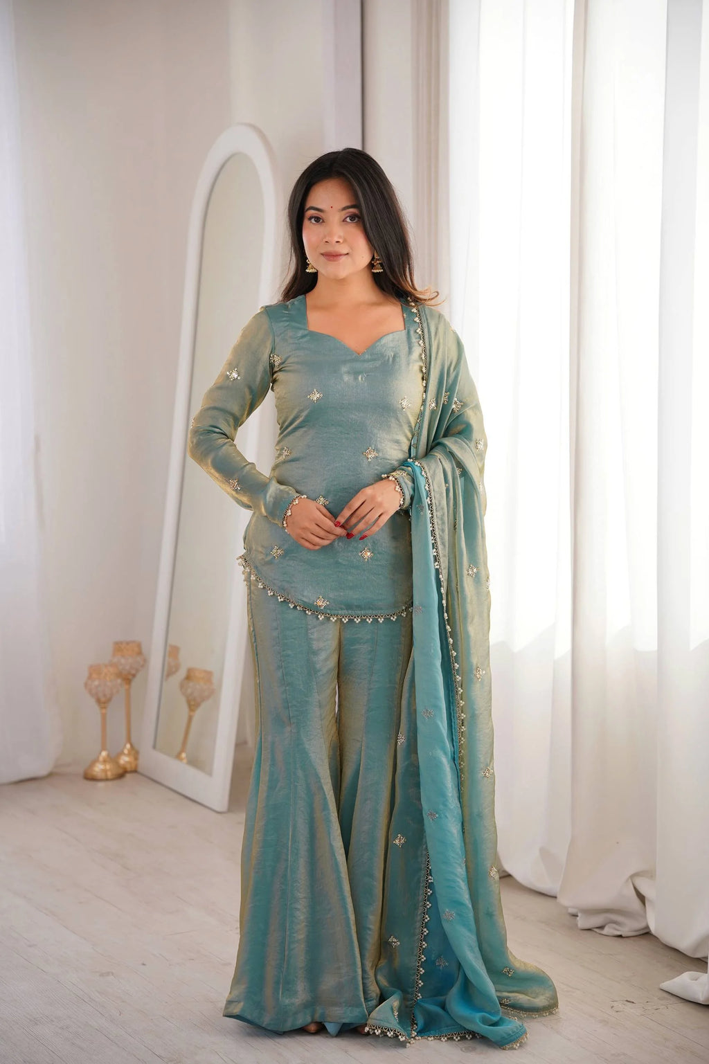 Eid Celebration Outfit Fendy Silk Top Sharara with Dupatta