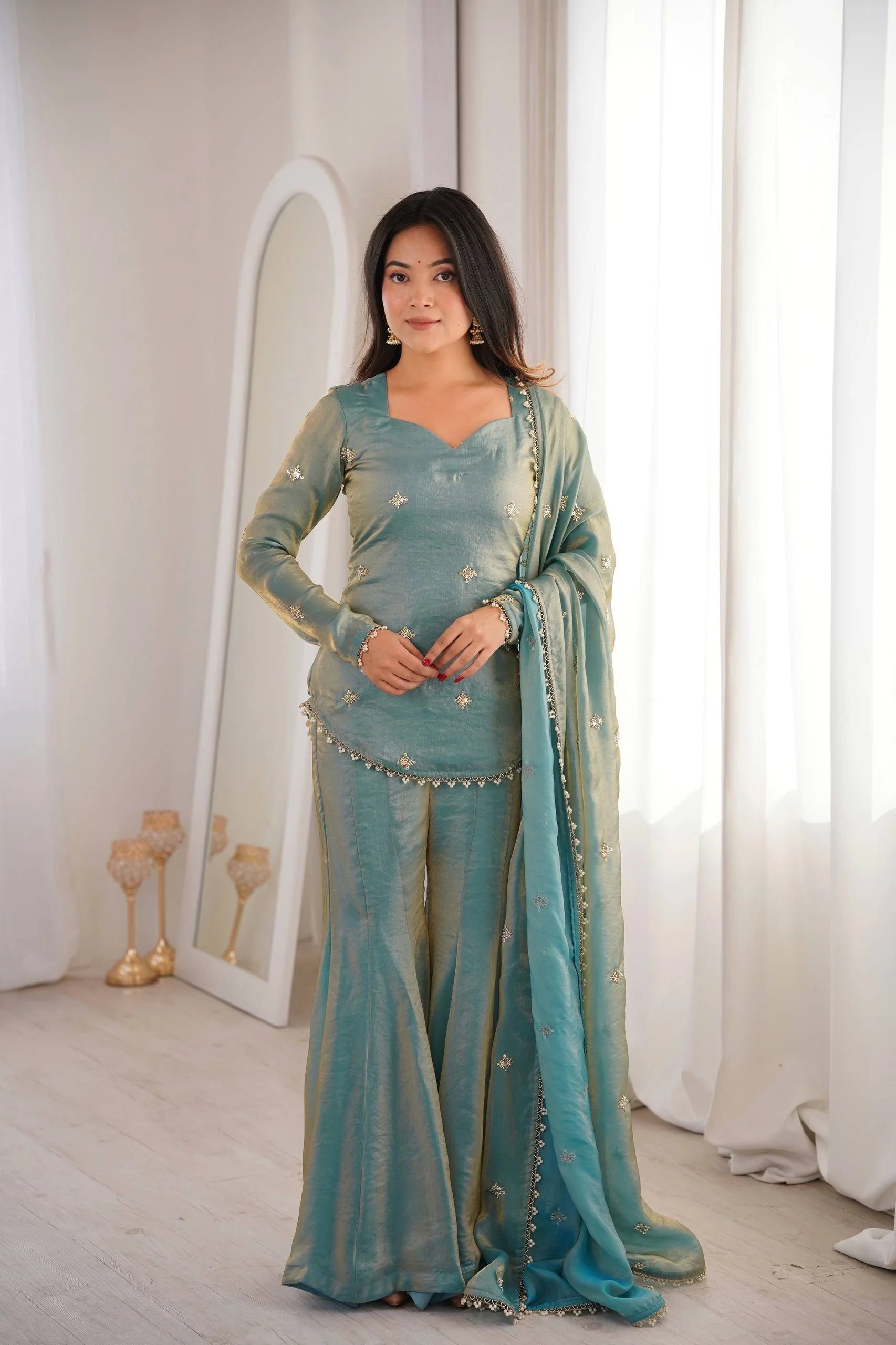Eid Celebration Outfit Fendy Silk Top Sharara with Dupatta