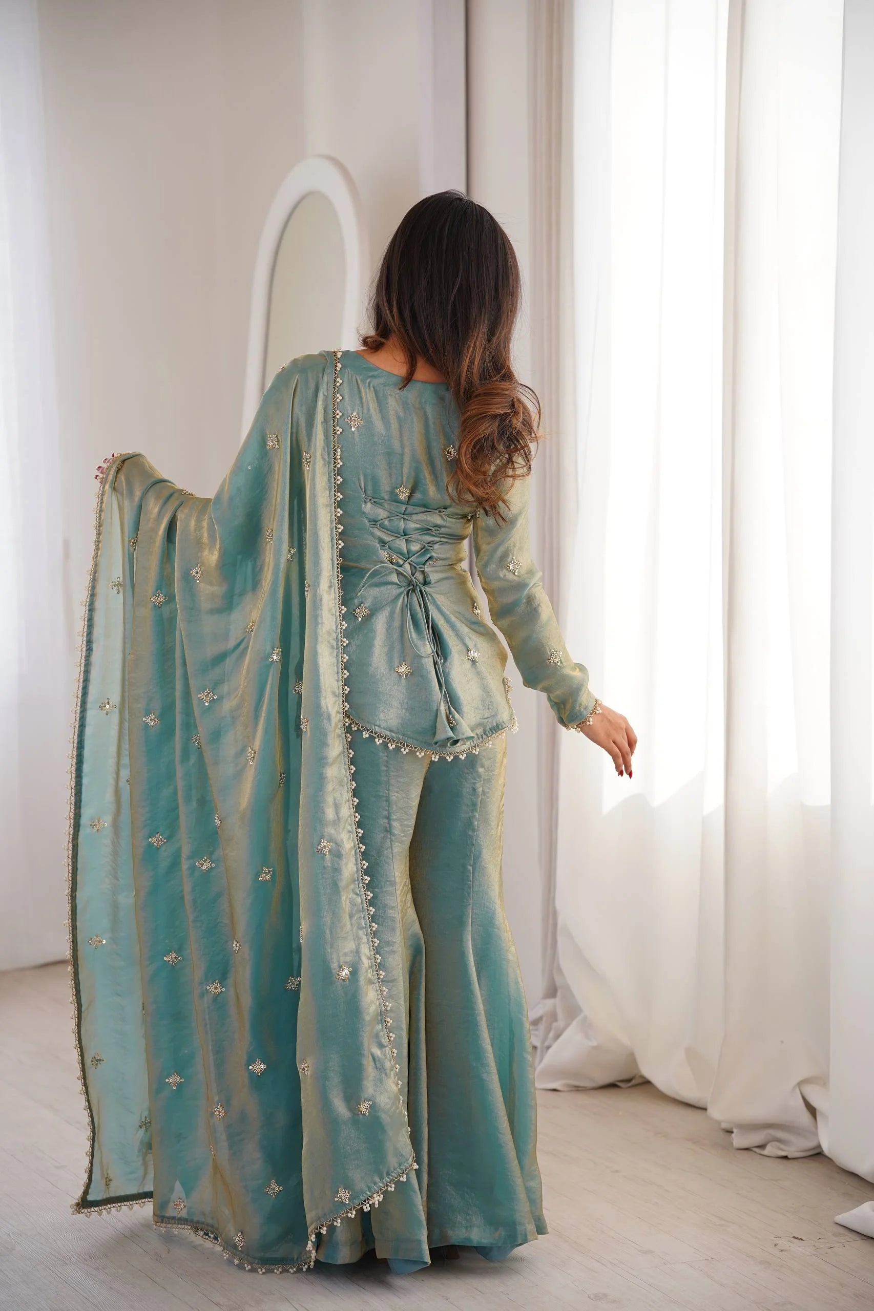 Eid Celebration Outfit Fendy Silk Top Sharara with Dupatta