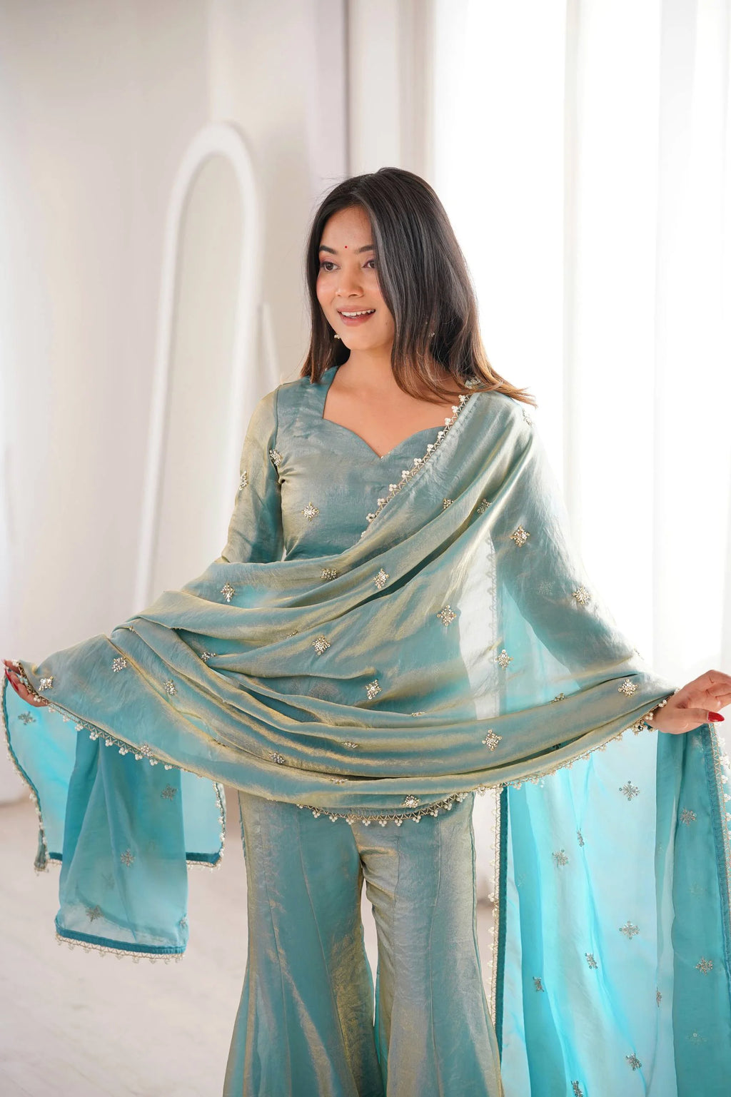 Eid Celebration Outfit Fendy Silk Top Sharara with Dupatta
