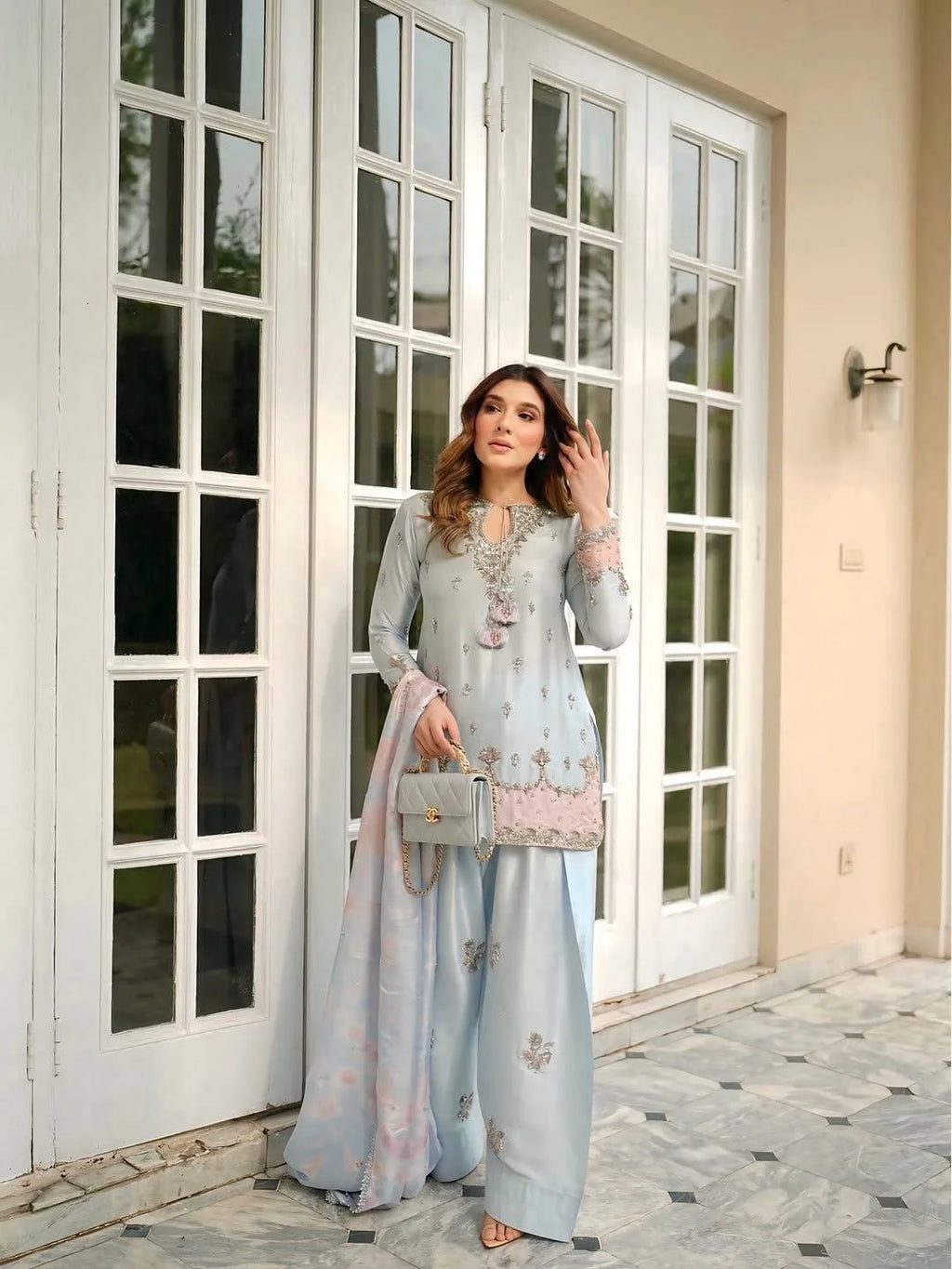 Premium Eid Special: Embroidered Japan Satin Silk Kurti Palazzo Set