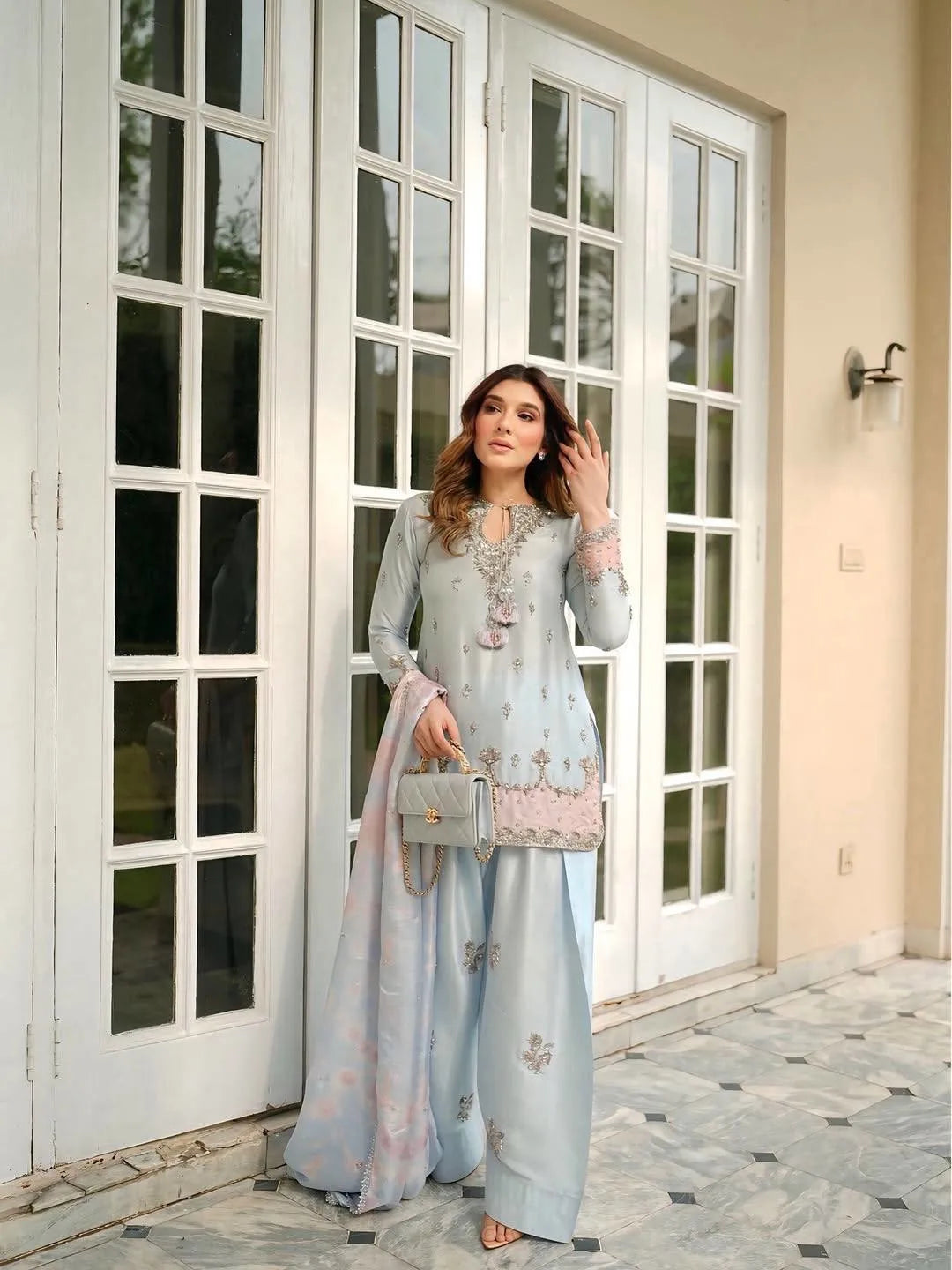 Premium Eid Special: Embroidered Japan Satin Silk Kurti Palazzo Set