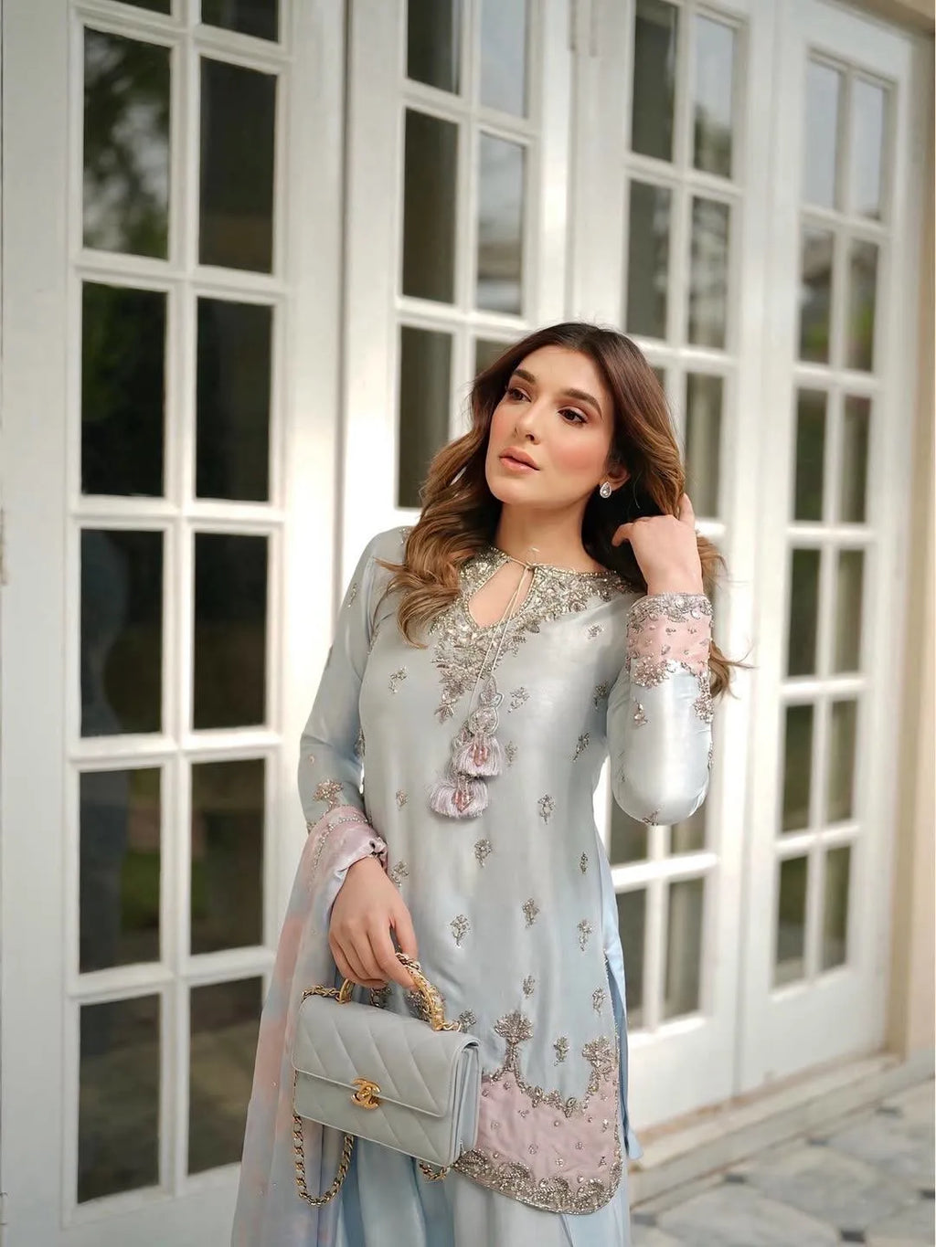 Premium Eid Special: Embroidered Japan Satin Silk Kurti Palazzo Set