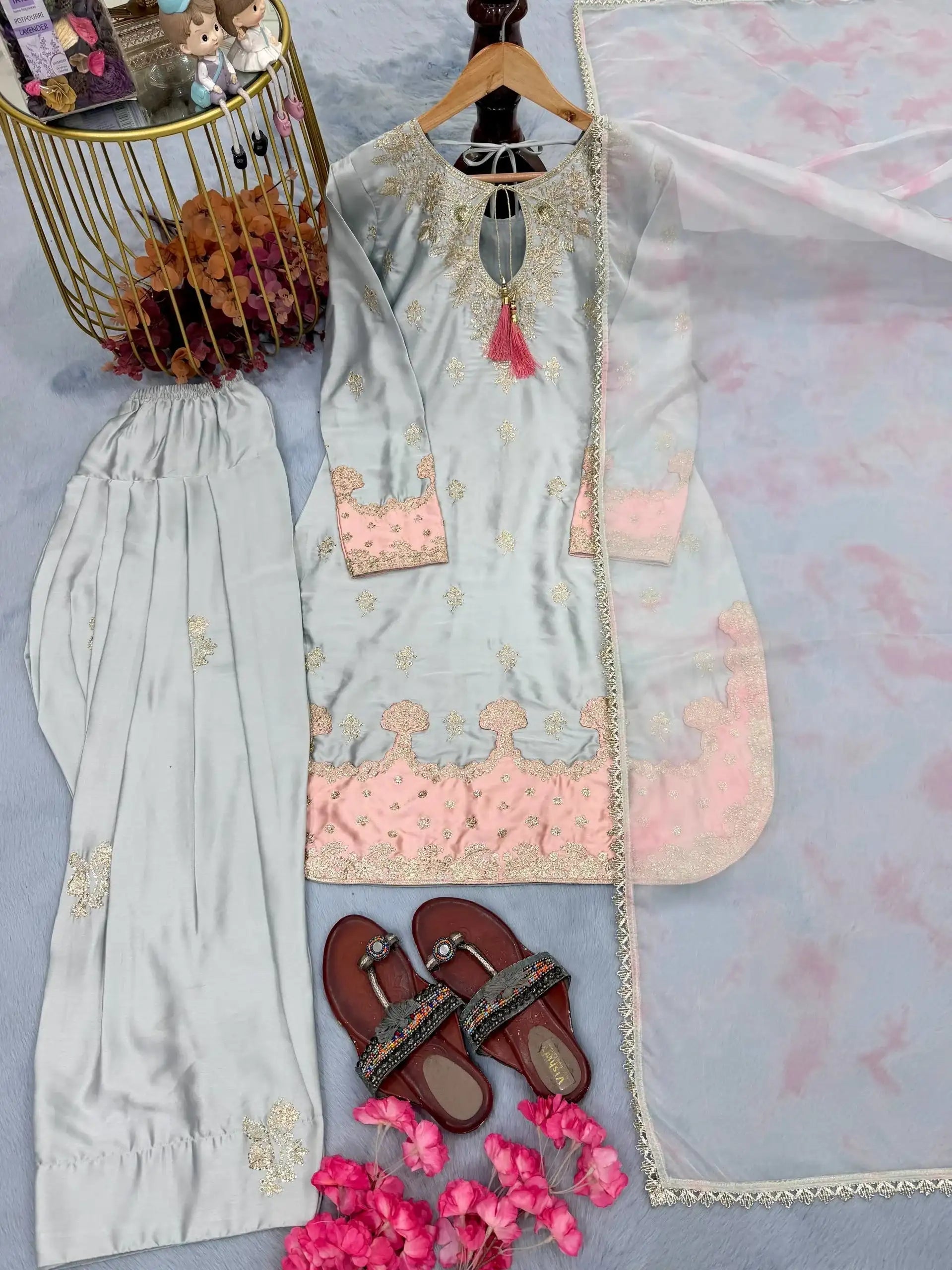 Premium Eid Special: Embroidered Japan Satin Silk Kurti Farshi Salwar Set