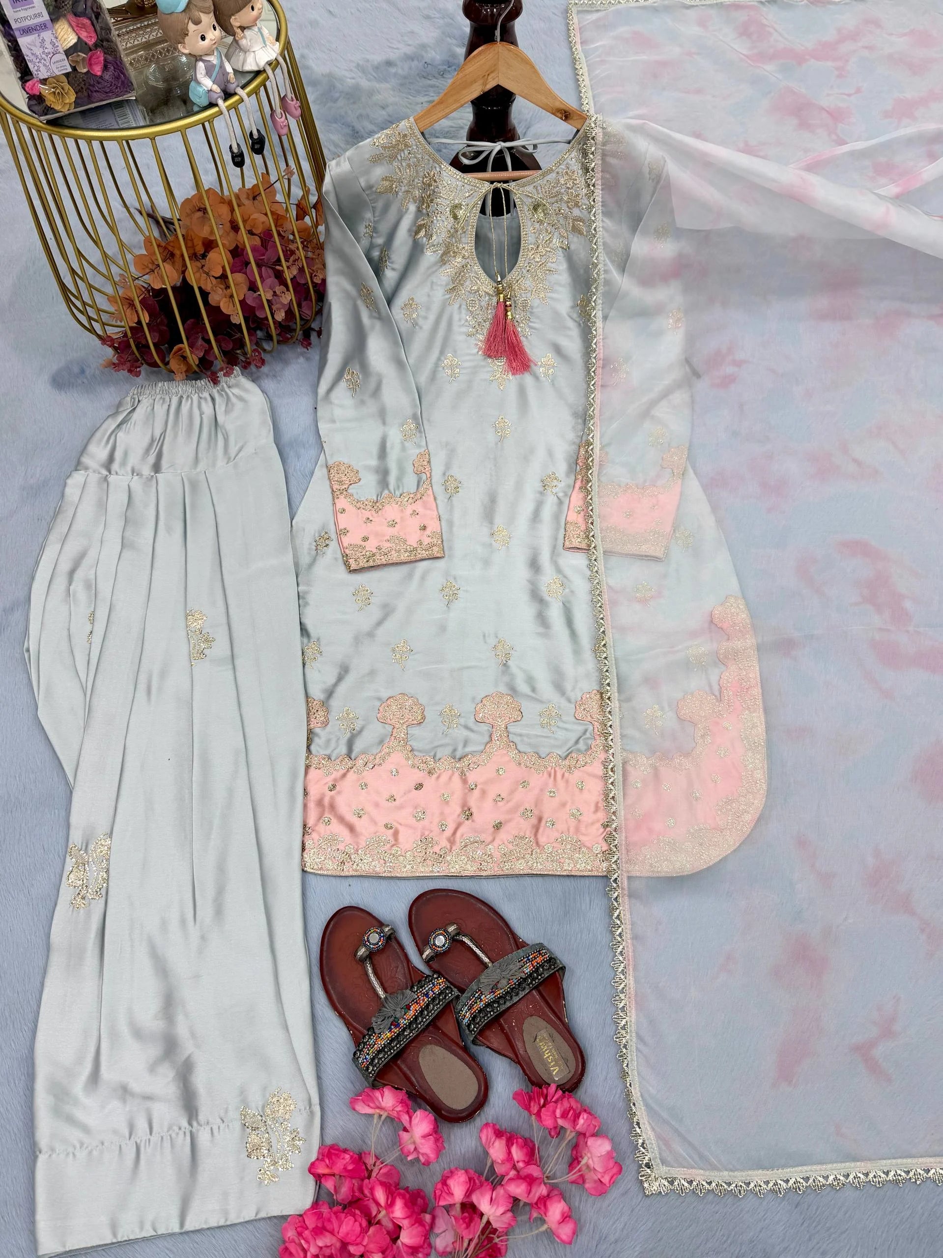 Premium Eid Special: Embroidered Japan Satin Silk Kurti Palazzo Set