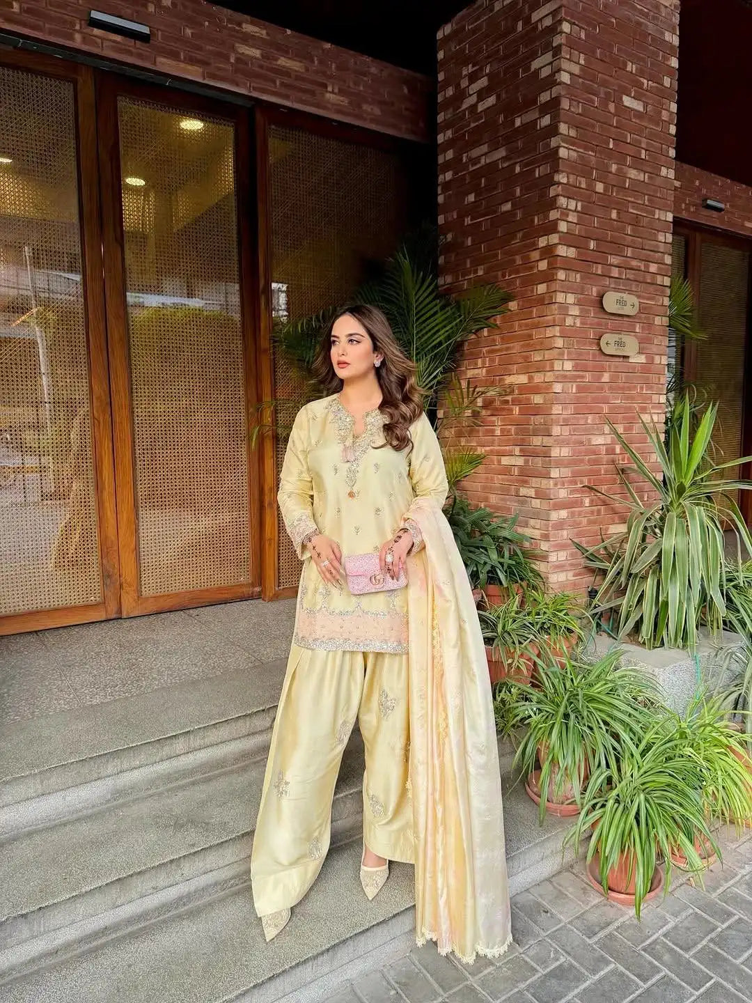 Pastel Yellow Silk Palazzo Suit with Fancy Tassels & Embroidery â€“ Eid Special