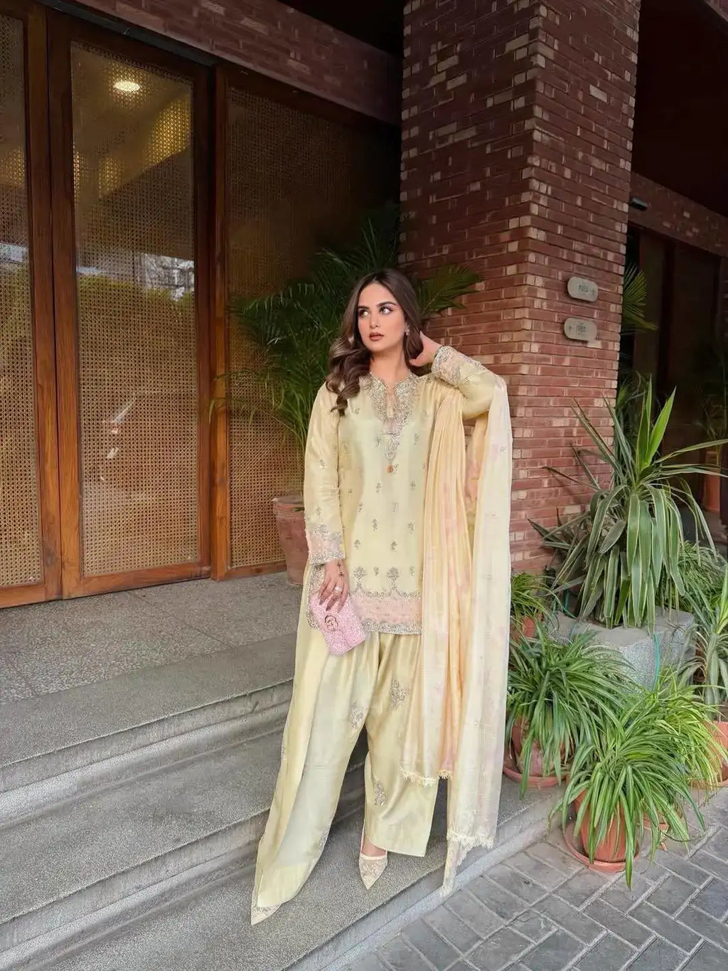 Pastel Yellow Silk Farshi Salwar Suit with Fancy Tassels & Embroidery Eid Special