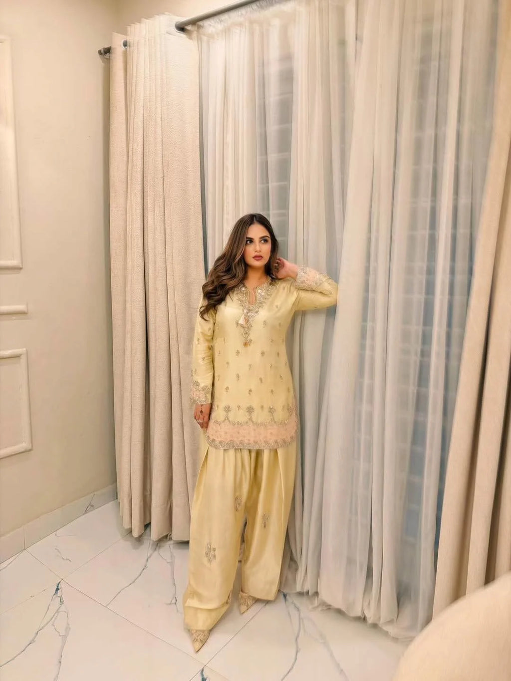 Pastel Yellow Silk Palazzo Suit with Fancy Tassels & Embroidery â€“ Eid Special